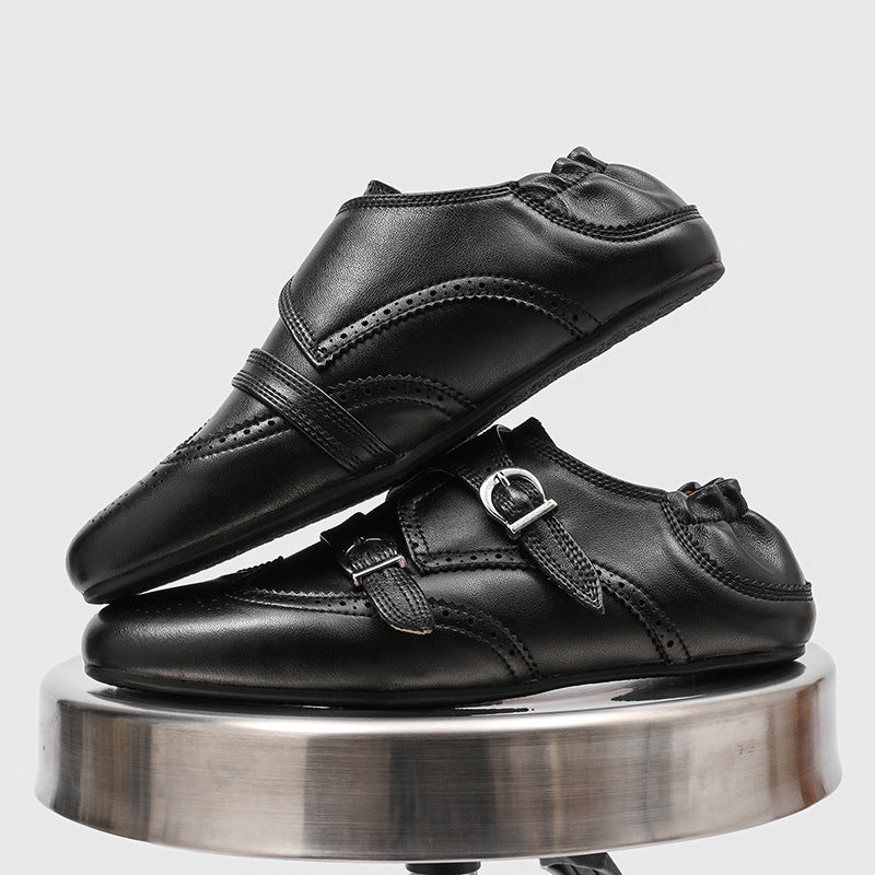 Men's Spring Round Toe Buckle Flat Brogue Nude Men's Shoes