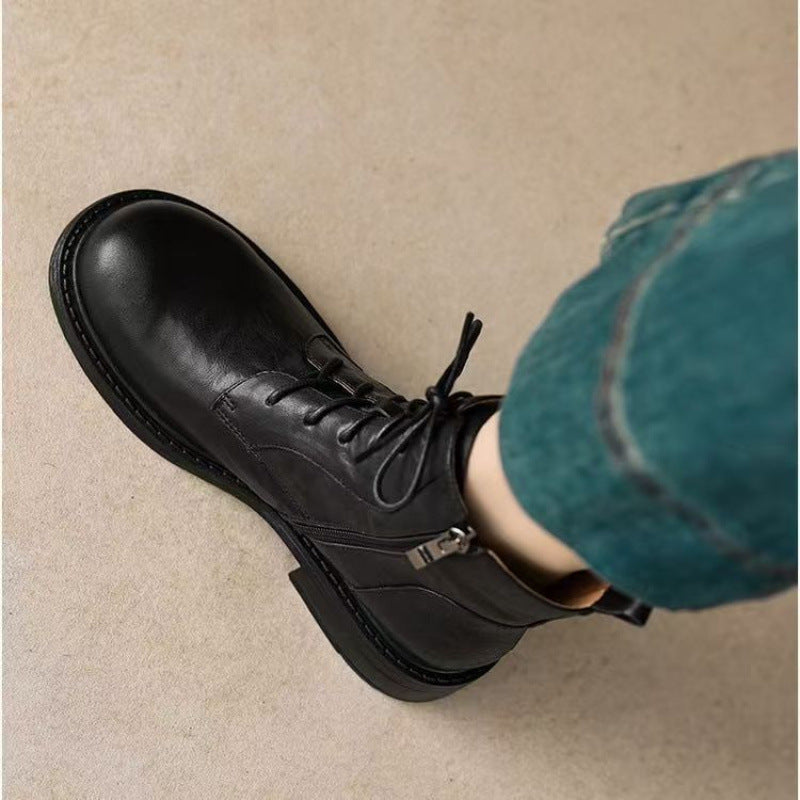 Women's Lace Up Martin For Mid British Style Round Toe Women's Leather Boots