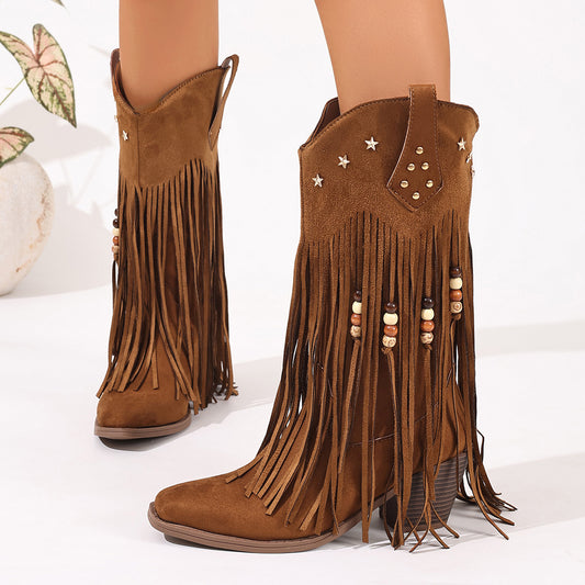 Women's Knee-high Brown Rivet Tassel Middle Chunky Round Women's Leather Boots