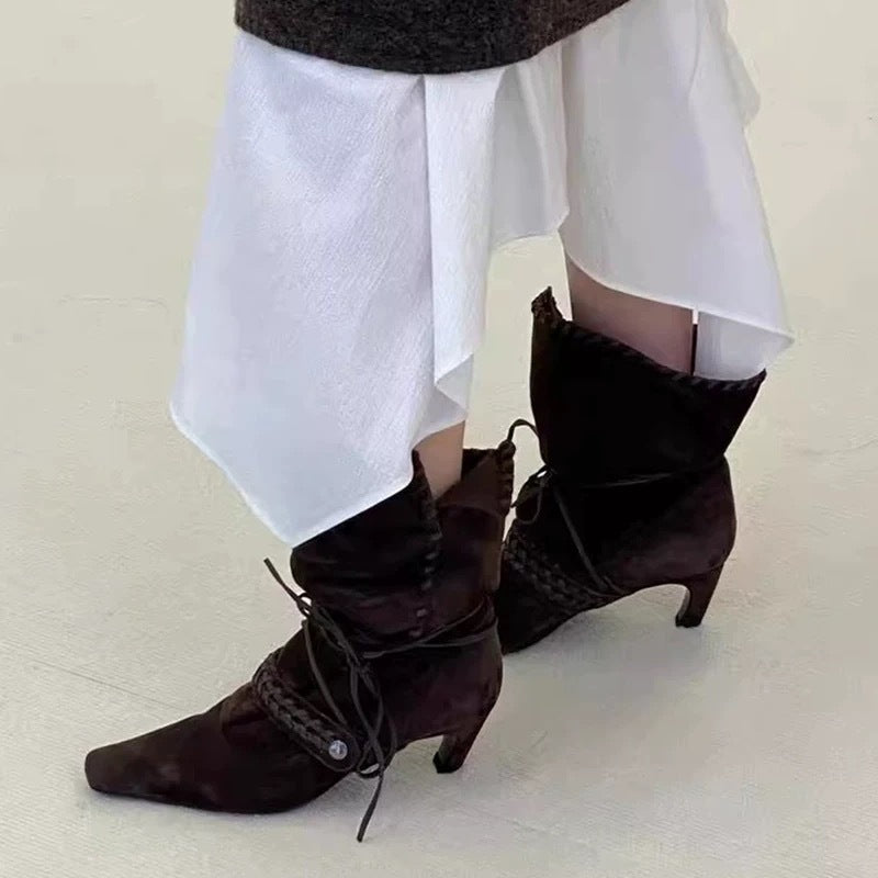 Women's Nomadic Niche Suede Square Toe High Western Cowboy Pleated Skinny Women's Leather Boots