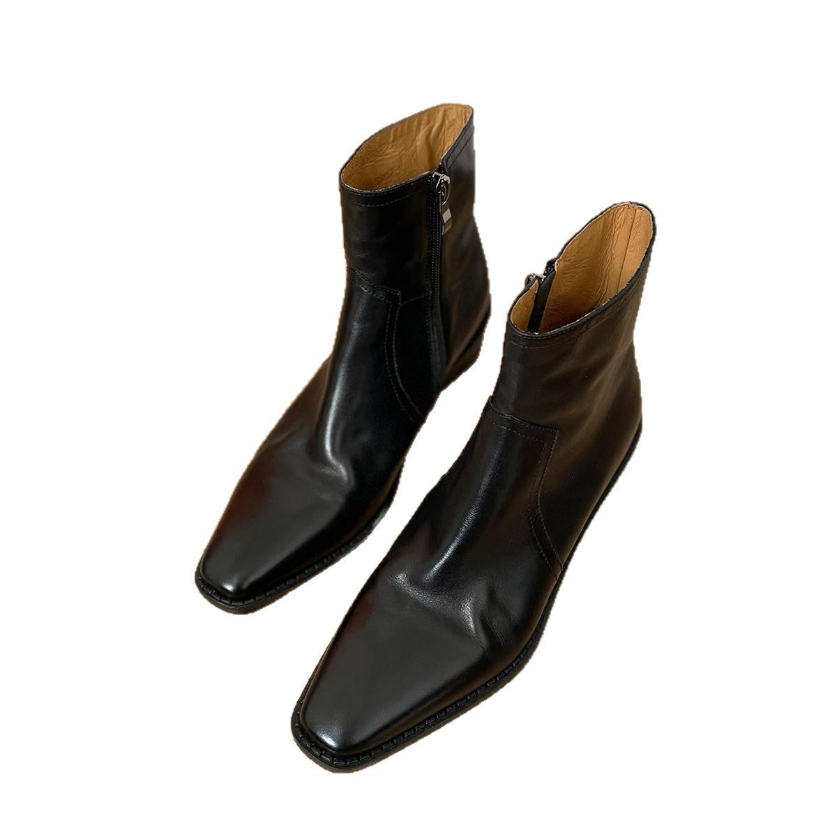 Women's Layer Cowhide Square Toe Short Chunky High British Women's Leather Boots