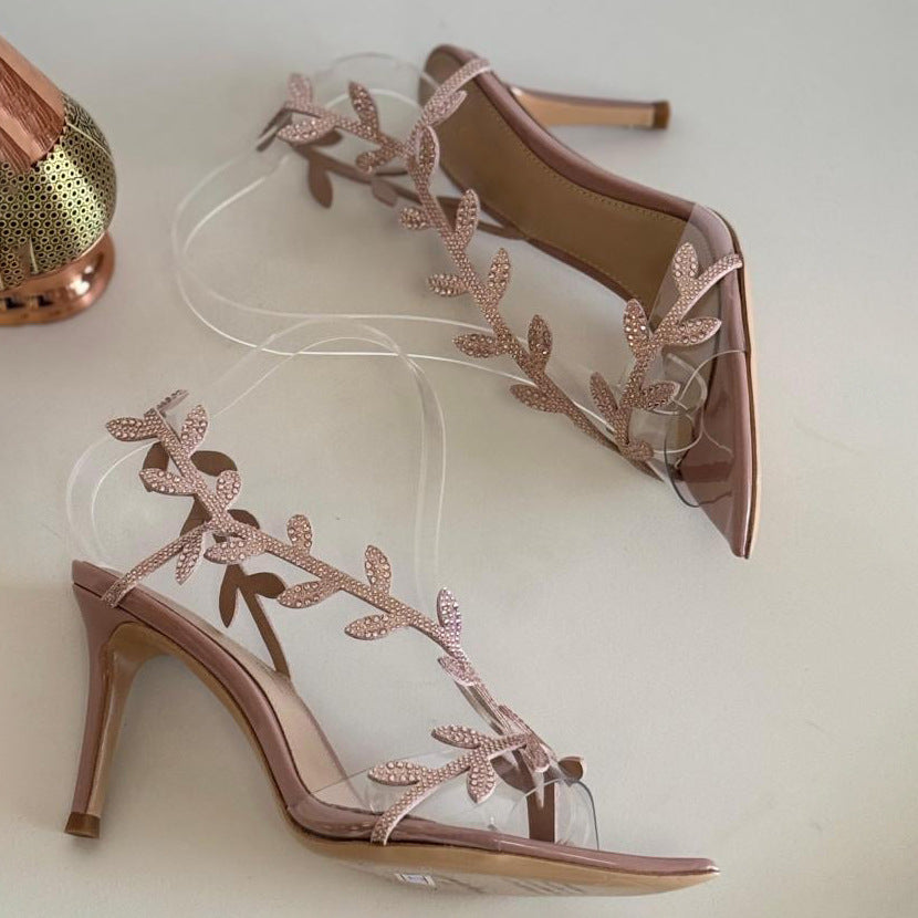 Summer Leaves Rhinestone Fairy Style Stilettos Pointed Toe High Heeled Sandals