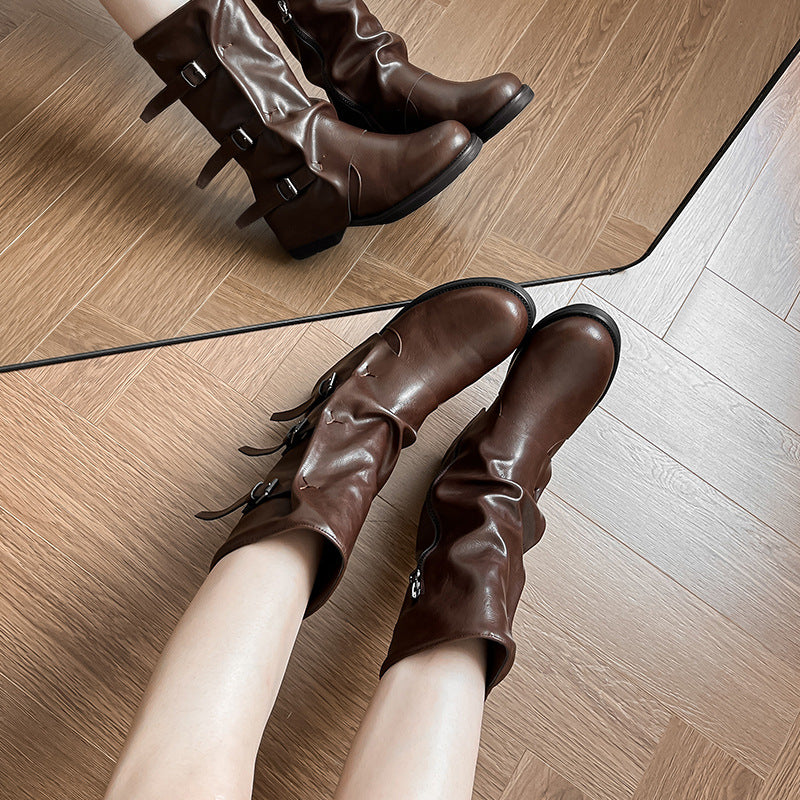 Buckle Pile Style Retro Length Western Boots