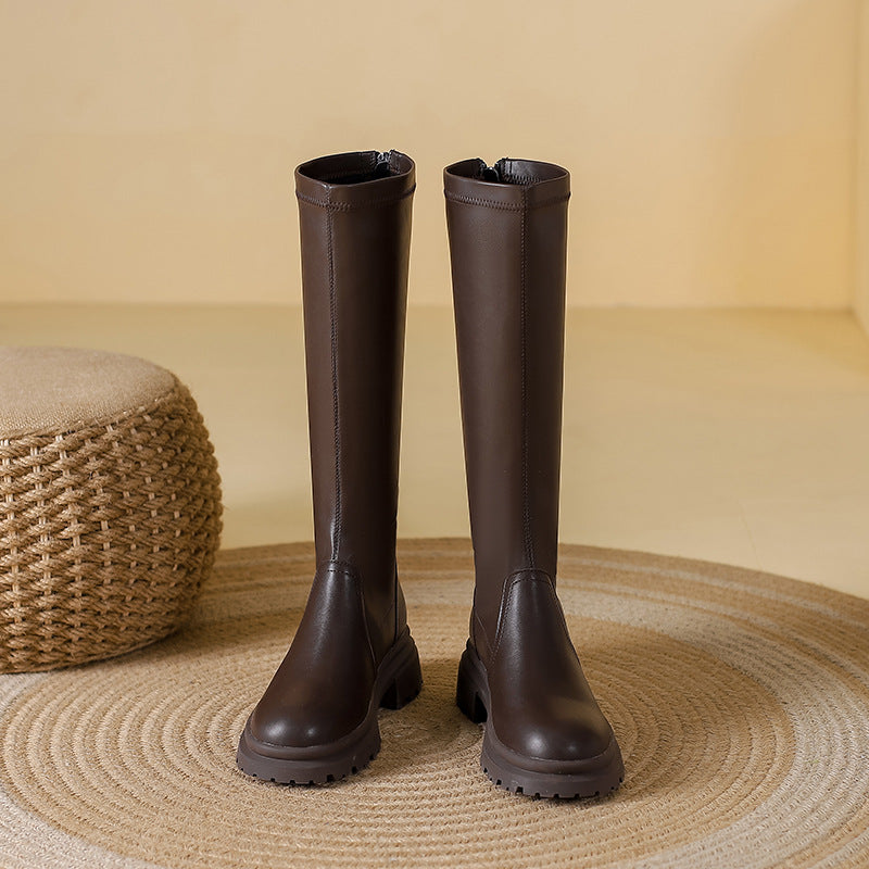 Platform Large Small Size Fleece-lined Below The Knee Fat Widened Women's Leather Boots