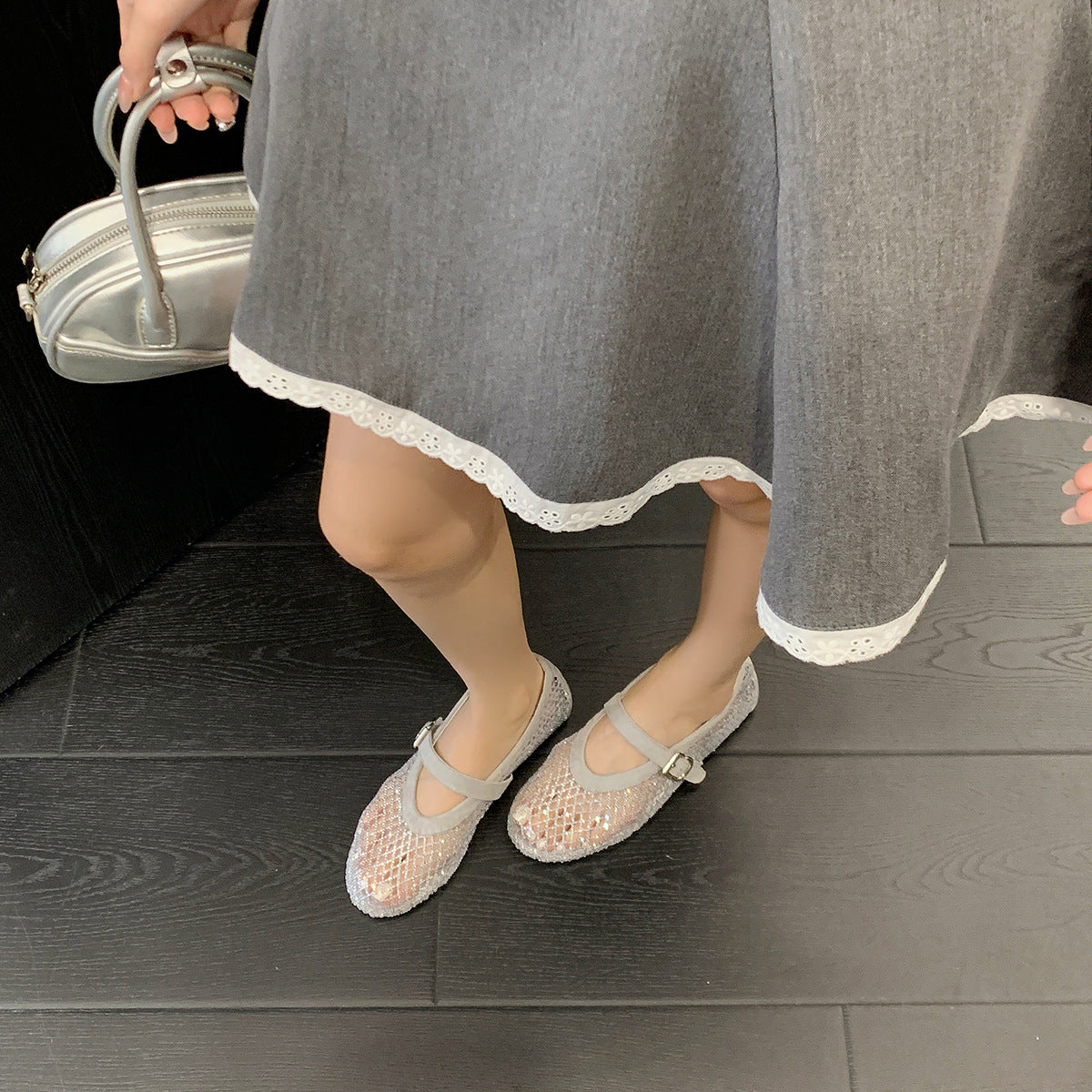 Women's Increasing Insole Rhinestone Mesh Flat Strap Mary Sandals