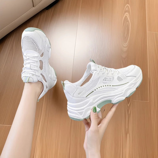 Women's Mesh Surface Plastic Drop White Thick Bottom Fashionable For Pure Sneakers