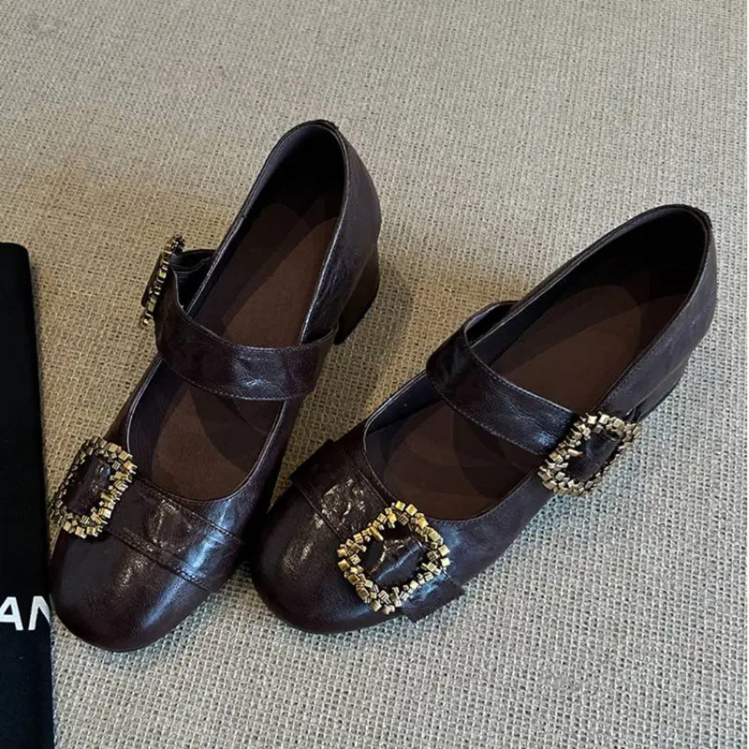 Sense Small Single-layer Word Metal Buckle Shallow Mouth Mid Mary Heels