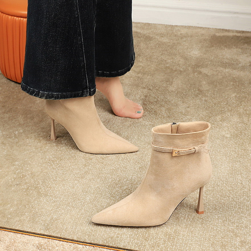 Women's Fashion Sexy Pointed Toe Suede Stiletto Belt Buckle Heels