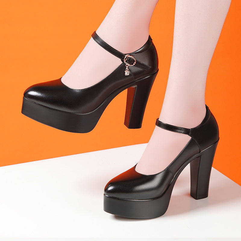 Women's High Chunky Waterproof Platform Cheongsam Model Pumps Pointed Black Soft Leather Shoes