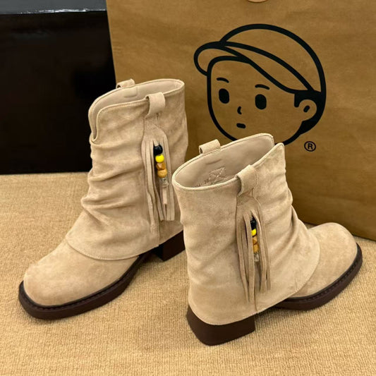 Women's Increasing Insole Round Toe Suede Chunky Ankle Elegant Pants Pile Women's Leather Boots