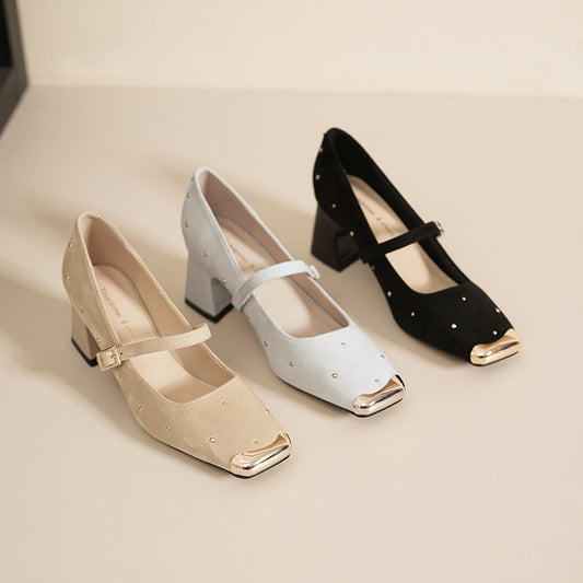 Women's French Joker Retro Square Toe Rivet Chunky Mary Heels