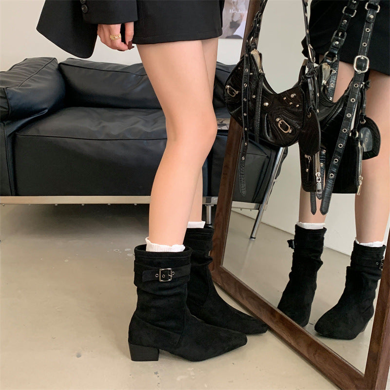 Women's With Skirt Thin Khaki Matte Suede Boots