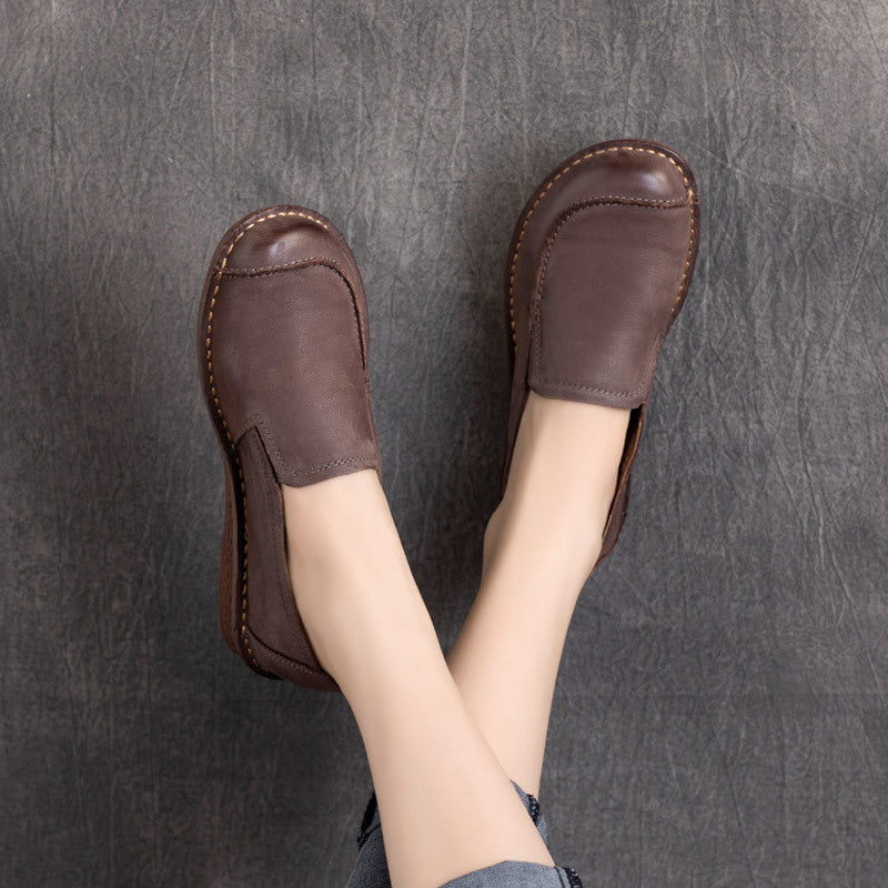 Ethnic Style Vintage Cowhide Round Toe Slip-on Flat Soft Bottom Heels