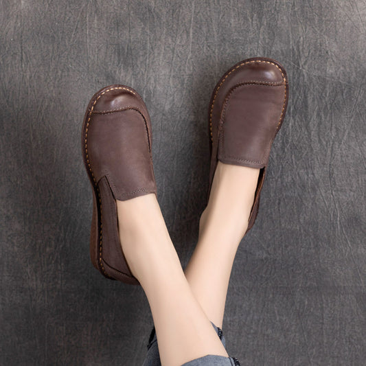 Ethnic Style Vintage Cowhide Round Toe Slip-on Flat Soft Bottom Heels