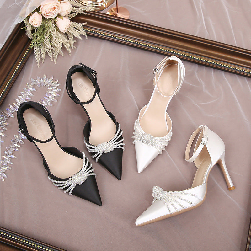 Women's Multiple Pearl Pointed Toe Stiletto Buckle Strap High Sexy Heels