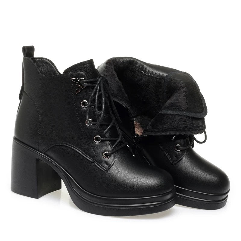 Elegant Martin Side Zip Thick Small Height Increasing Veet Short Women's Leather Boots