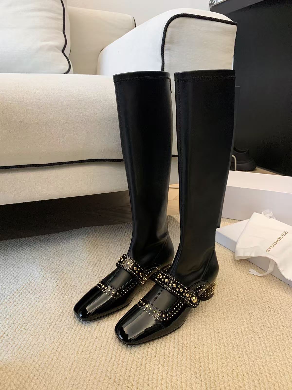 Square Head Riveted Short Knight Tube Thick Thin Ankle Boots