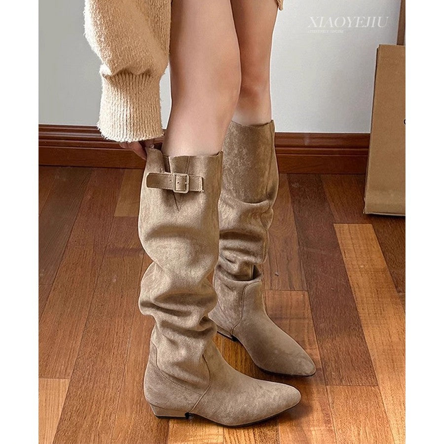 Below The Knee Long Female Suede Elegant Belt Buckle Slimming Heels