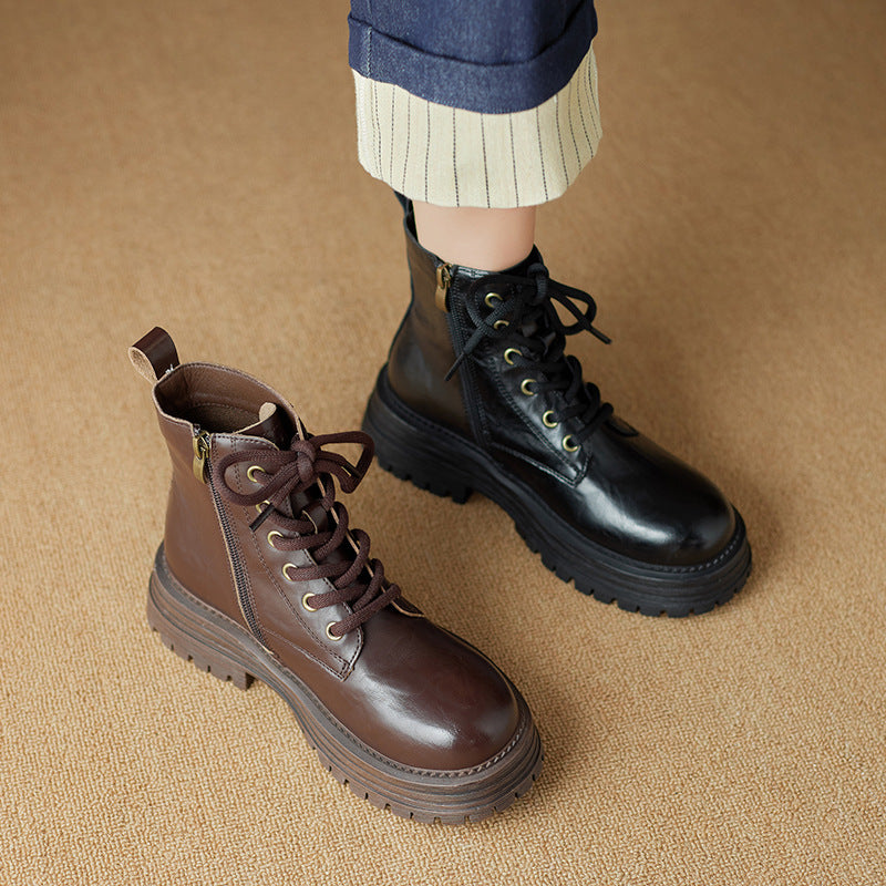 Women's Ankle Martin British Style Cowhide Side Boots