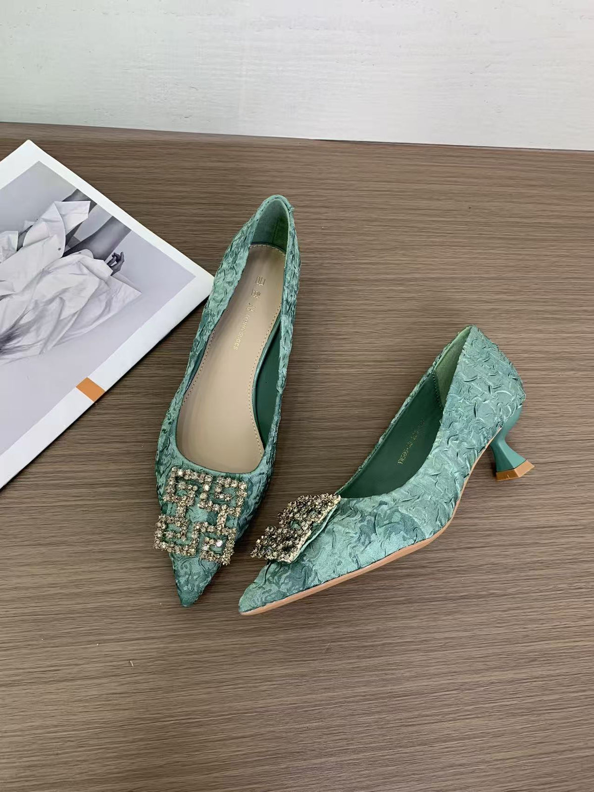 Women's Spring Rhinestone Square Buckle Satin Pointed High Women's Fashion Shoes