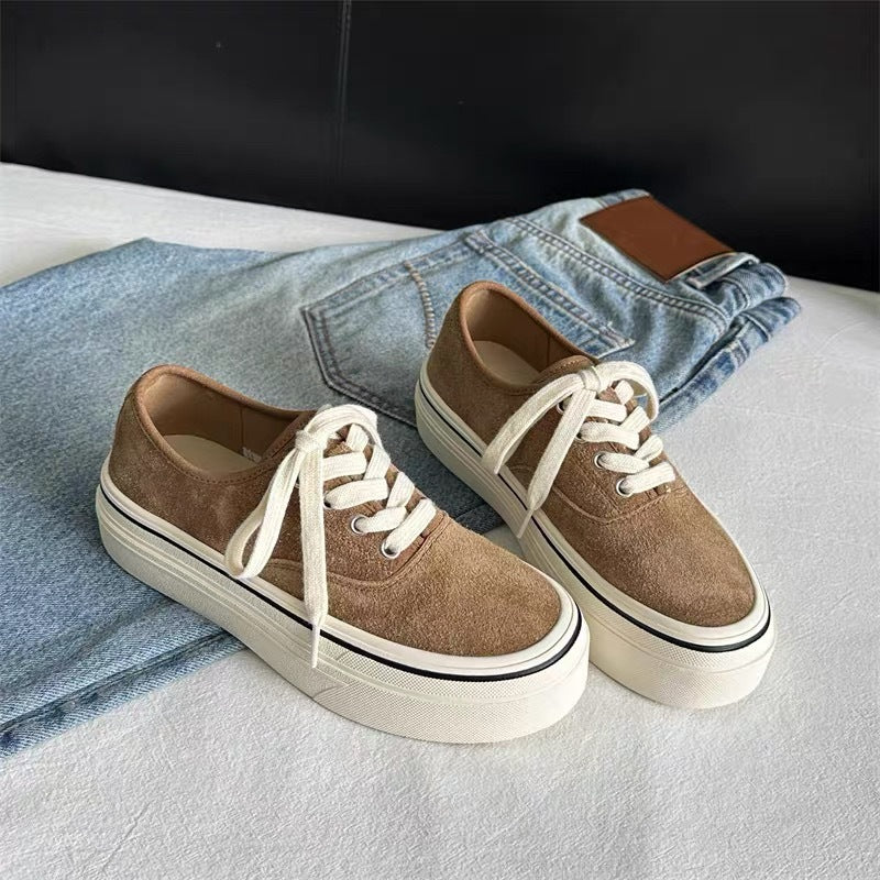 Women's Layer Cowhide Reverse Made Board Thick Bottom Korean Sneakers