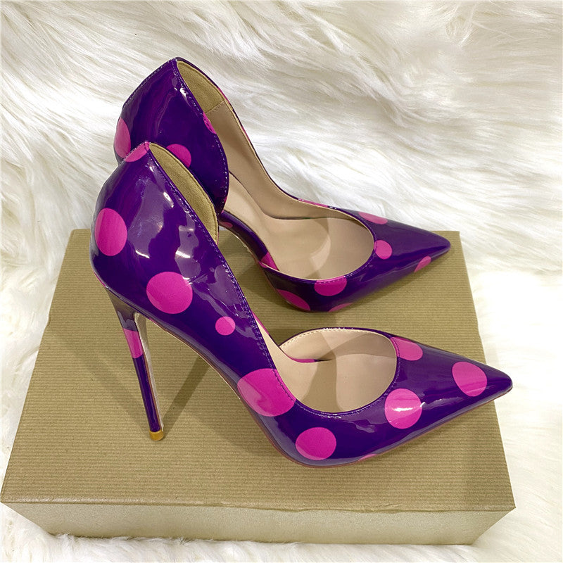 Purple Polka Dot Side Empty High Pointed Toe Stiletto Women's Fashion Shoes