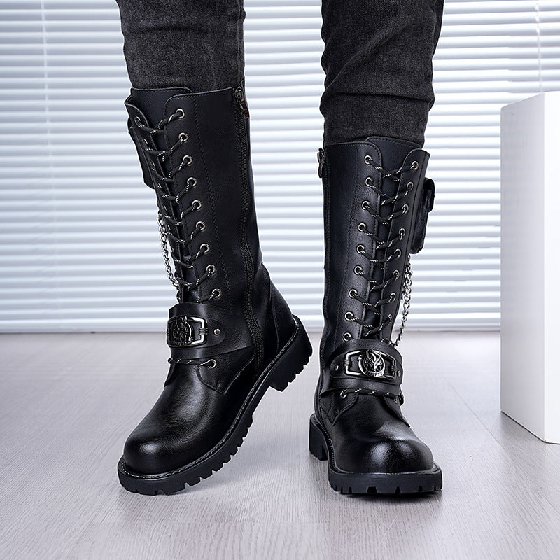 Men's Chain Cowboy Thick Bottom Trendy Stage Men's Leather Boots