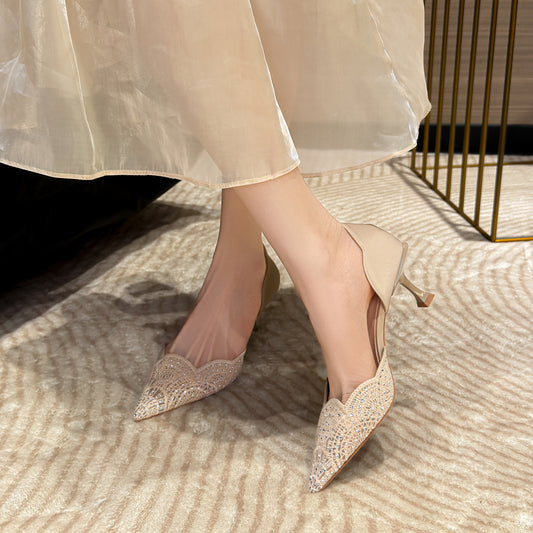 Women's White High Light Luxury High-grade Pointed Toe Bridal Wedding Daily Heels
