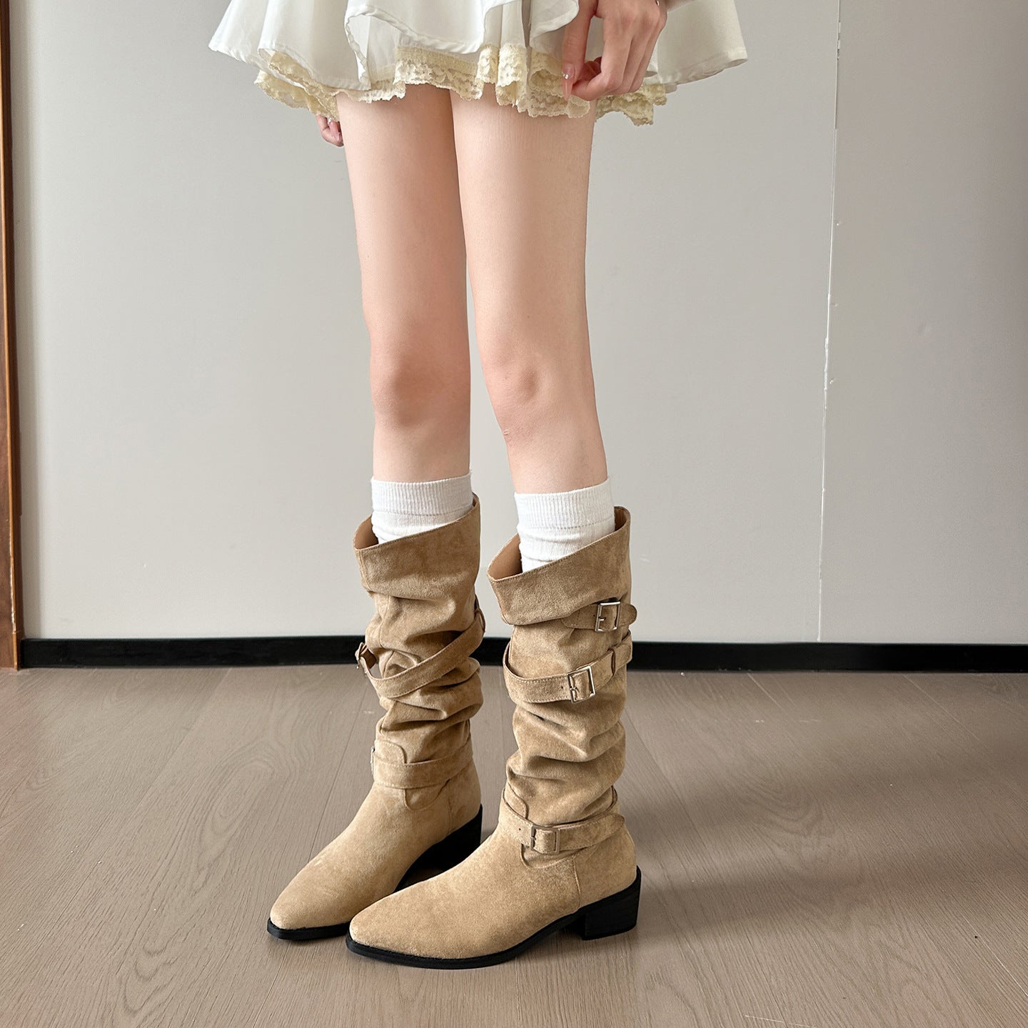 Style Belt Buckle Pile Pointed Toe Thick Mid Suede Loose Women's Leather Boots