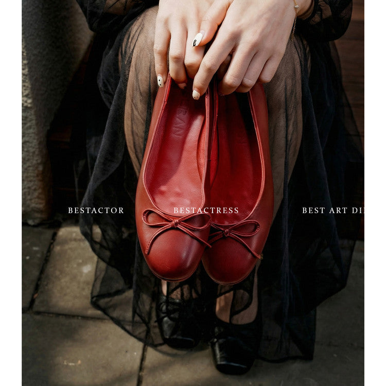 Women's Layer Cowhide Shallow Mouth Pumps Flat Women's Fashion Shoes