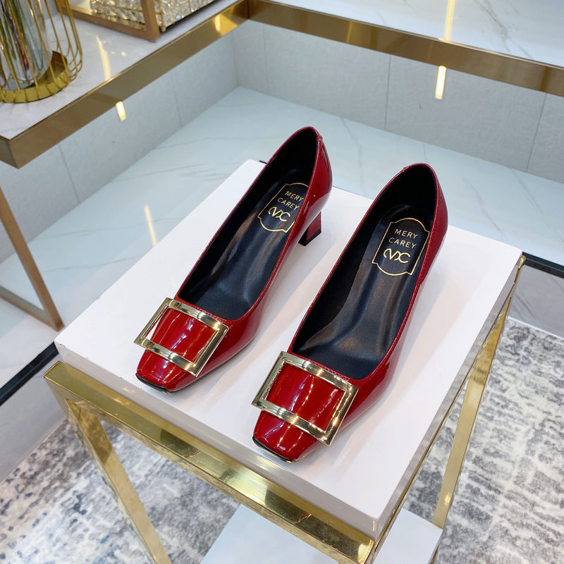 Patent Square Buckle Chunky Wine Glass Shallow Mouth Pumps Red Heels