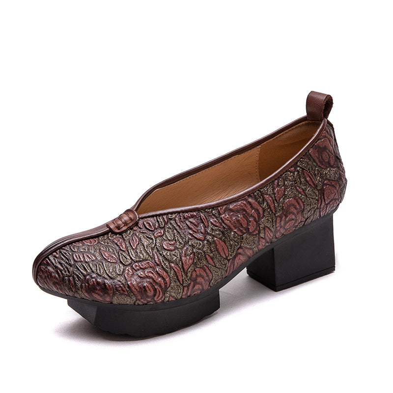 Women's Style Traditional Chunky Pumps First Layer Cowhide Embossed Women's Casual Shoes