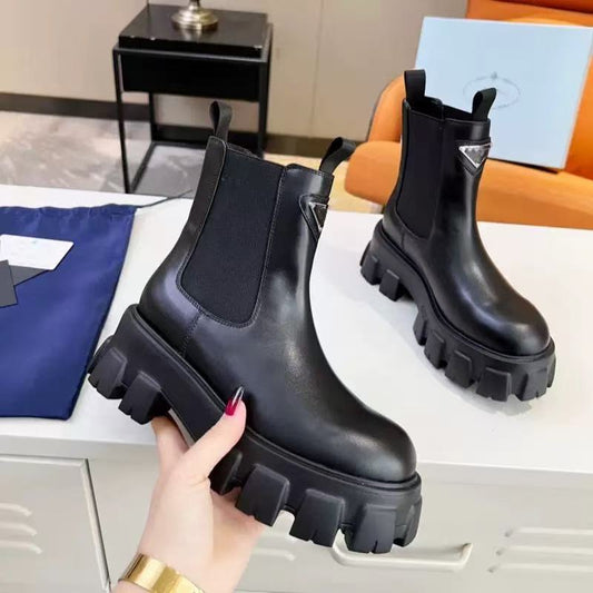 Women's Slit Beads Cowhide Elastic Sleeve Chelsea Smoke Boots
