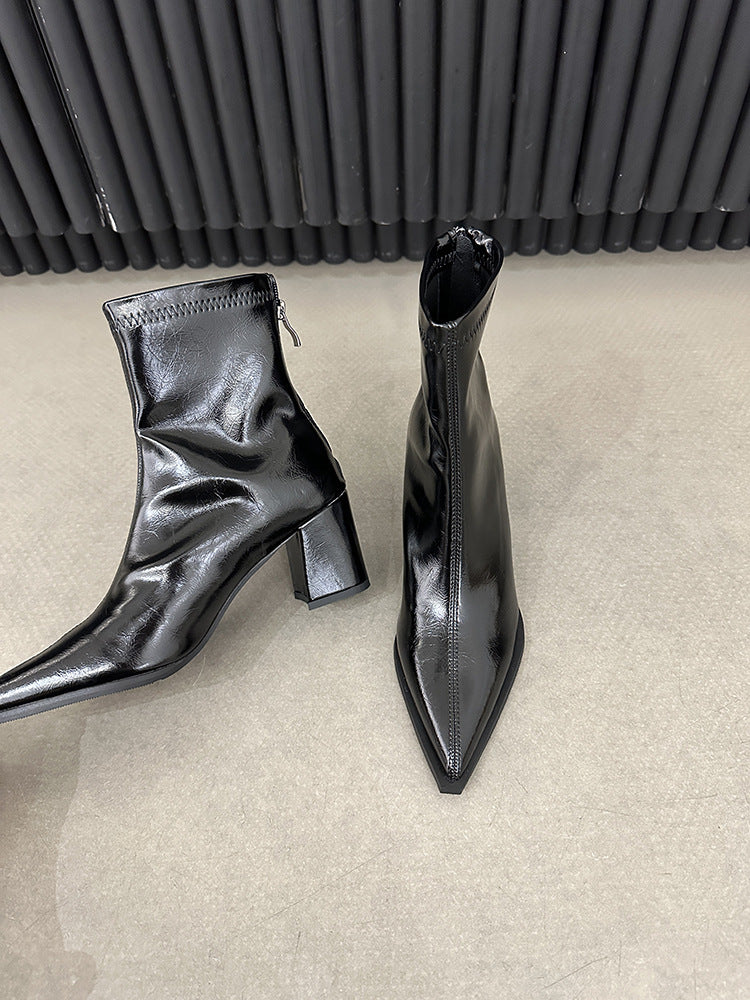 Black High Short Female British Style Women's Leather Boots