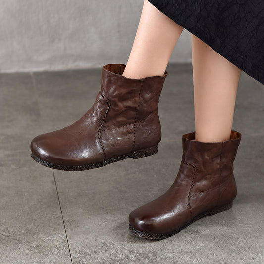 Women's Pattern First Layer Cowhide Round Toe Flat Bottom Women's Leather Boots
