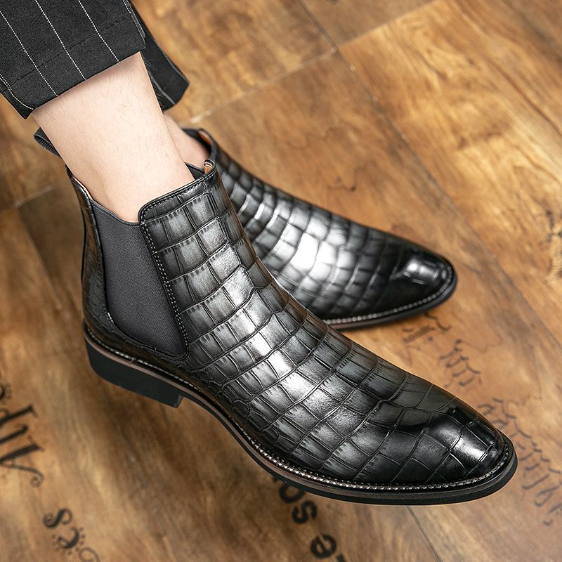 Men's Chelsea Pointed British Crocodile Pattern Ankle Fleece-lined Boots