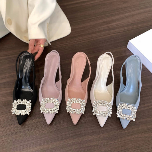 Niche French Style Dignified Rhinestone Closed Toe High Heeled Sandals