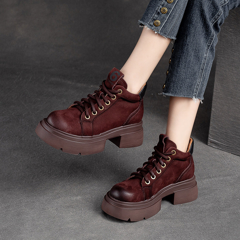 Women's Autumn Round Toe Solid Color Front Martin Versatile Fashion Platform Women's Leather Boots