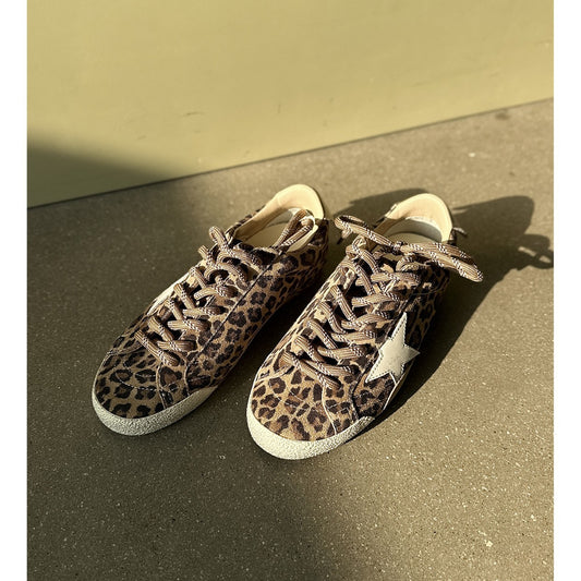 Women's Leopard Print Retro Distressed Star Height Increasing Insole German Training Women's Casual Shoes