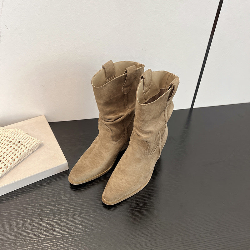 Women's Slimming Pointed Toe Chunky Booties Pile Style Women's Leather Boots