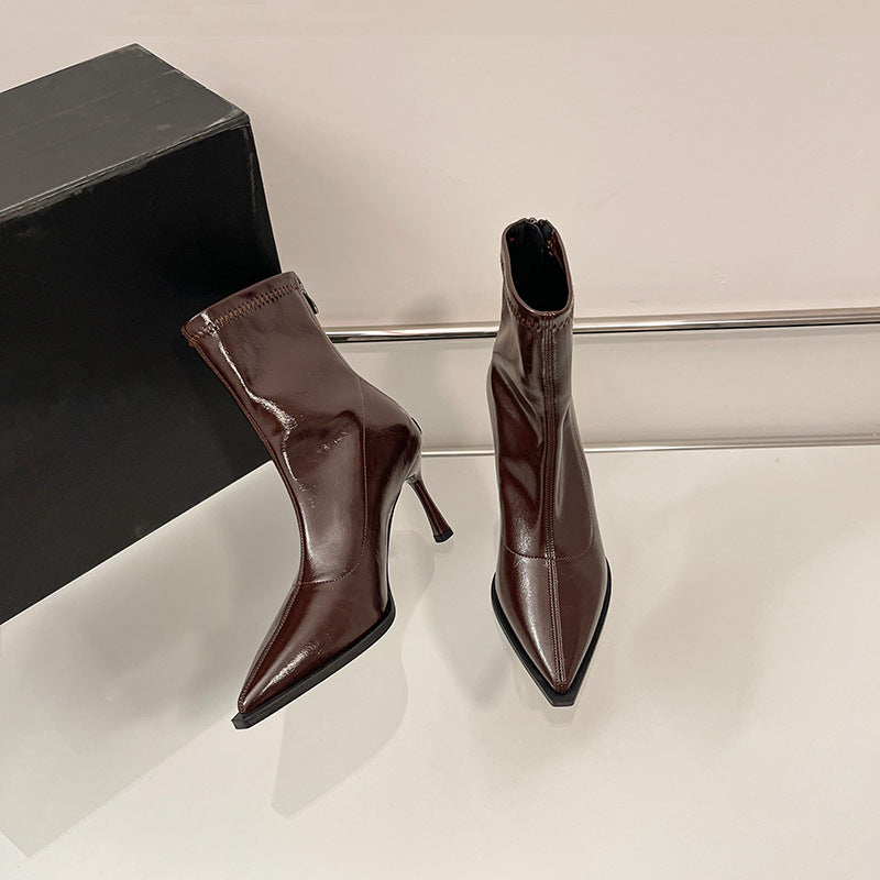 Women's Pointed Simple Solid Color Back Zip Short Women's Leather Boots