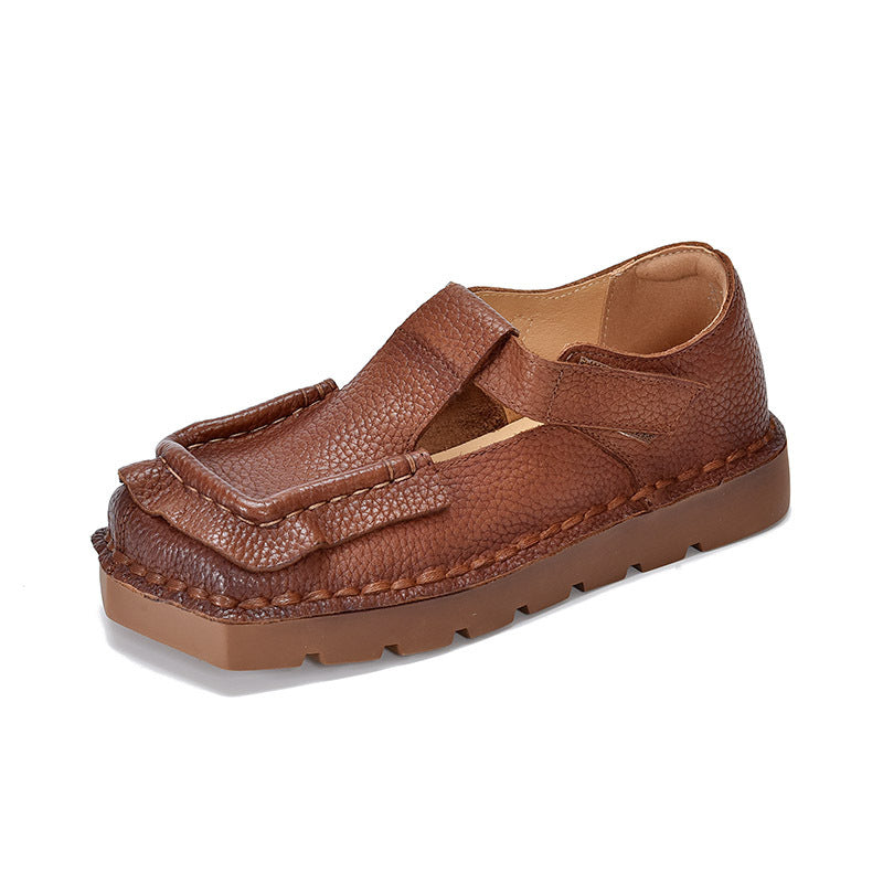 Women's First Layer Of Cowhide Soft Bottom Surface Square Toe Flat Women's Shoes
