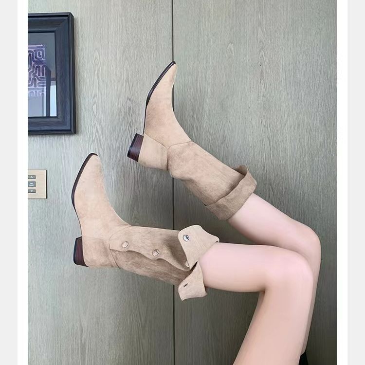 Women's Hot Lapel Pleated Pile Pointed Toe Long Tube Western Women's Leather Boots
