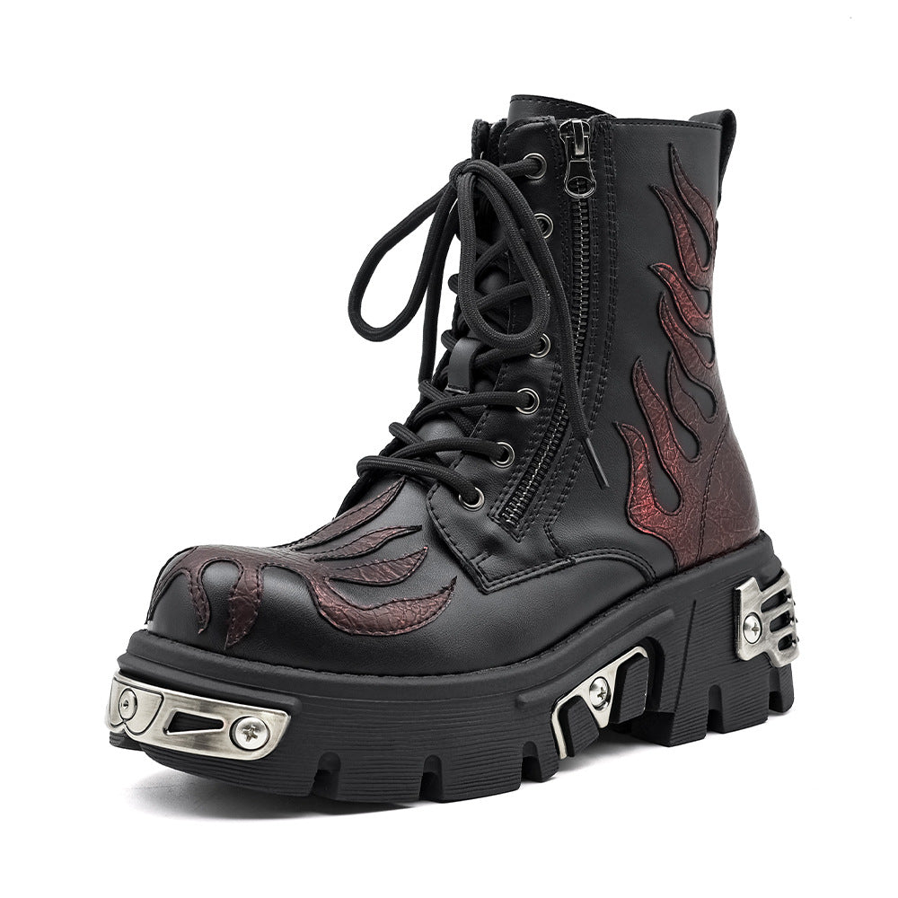 Women's & Men's Flame Thick Bottom Punk Retro Tank Height Increasing Boots
