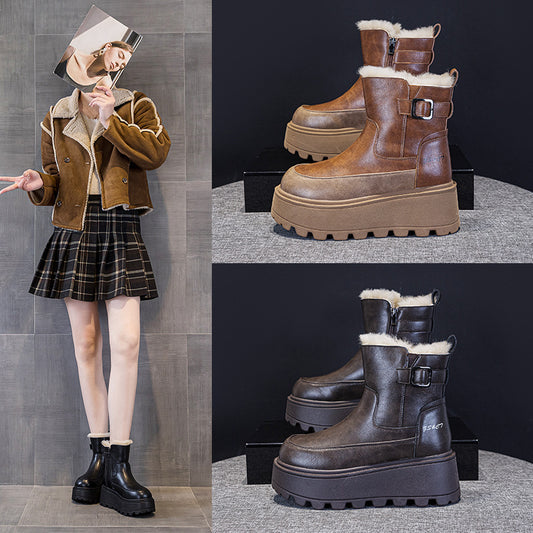 Women's Genuine Platform Martin Small Fleece-lined British Style Ankle Boots