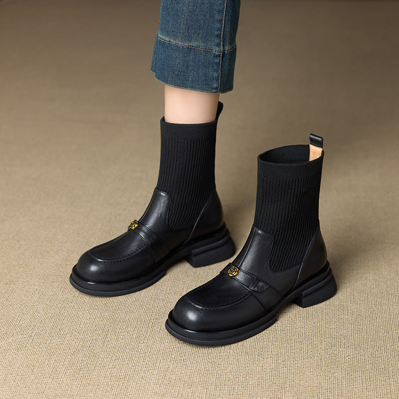 Women's British Style Skinny Knitted Elastic Socks Women's Leather Boots