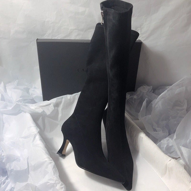 Men's Simple Below The Knee Stretch Frosted Skinny Side Zipper Pointed Women's Leather Boots