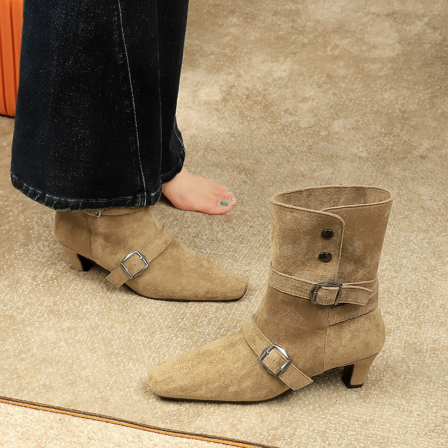 Women's Retro Design Fashion Square Toe Belt Buckle Minority Boots