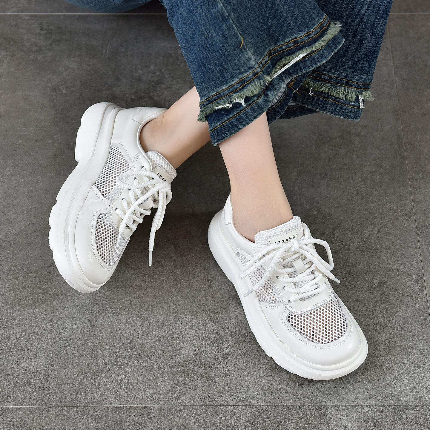Women's Layer Cowhide Lightweight Platform White Genuine Summer Breathable Sports Casual Shoes