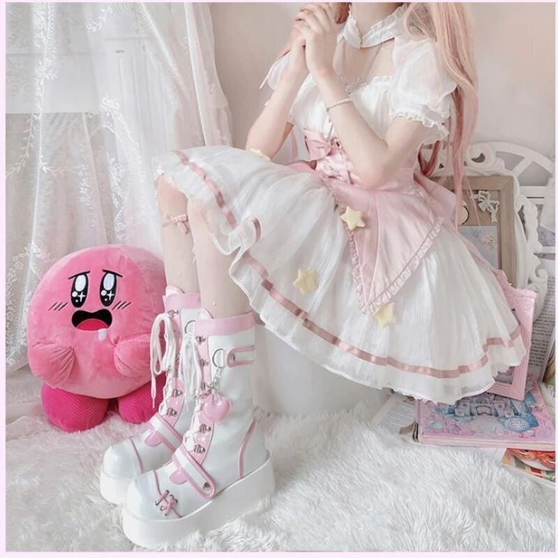 Thick Bottom Punk Motorcycle Platform Middle Women's Leather Boots